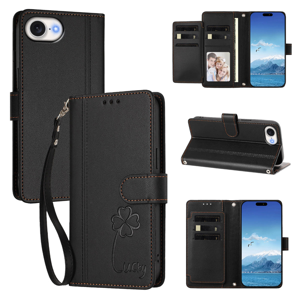 For iPhone 16e / iPhone 17e Wallet Case 9 Card Slots Lucky Clover Imprint Leather Phone Cover with Wrist Strap