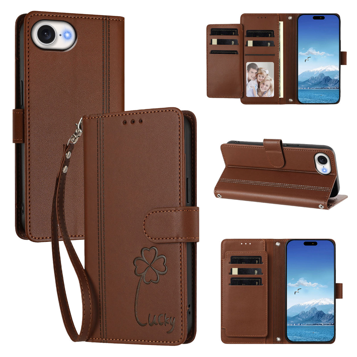 For iPhone 16e / iPhone 17e Wallet Case 9 Card Slots Lucky Clover Imprint Leather Phone Cover with Wrist Strap