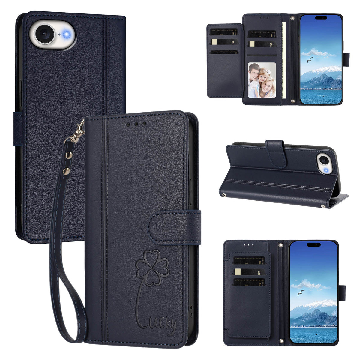 For iPhone 16e / iPhone 17e Wallet Case 9 Card Slots Lucky Clover Imprint Leather Phone Cover with Wrist Strap