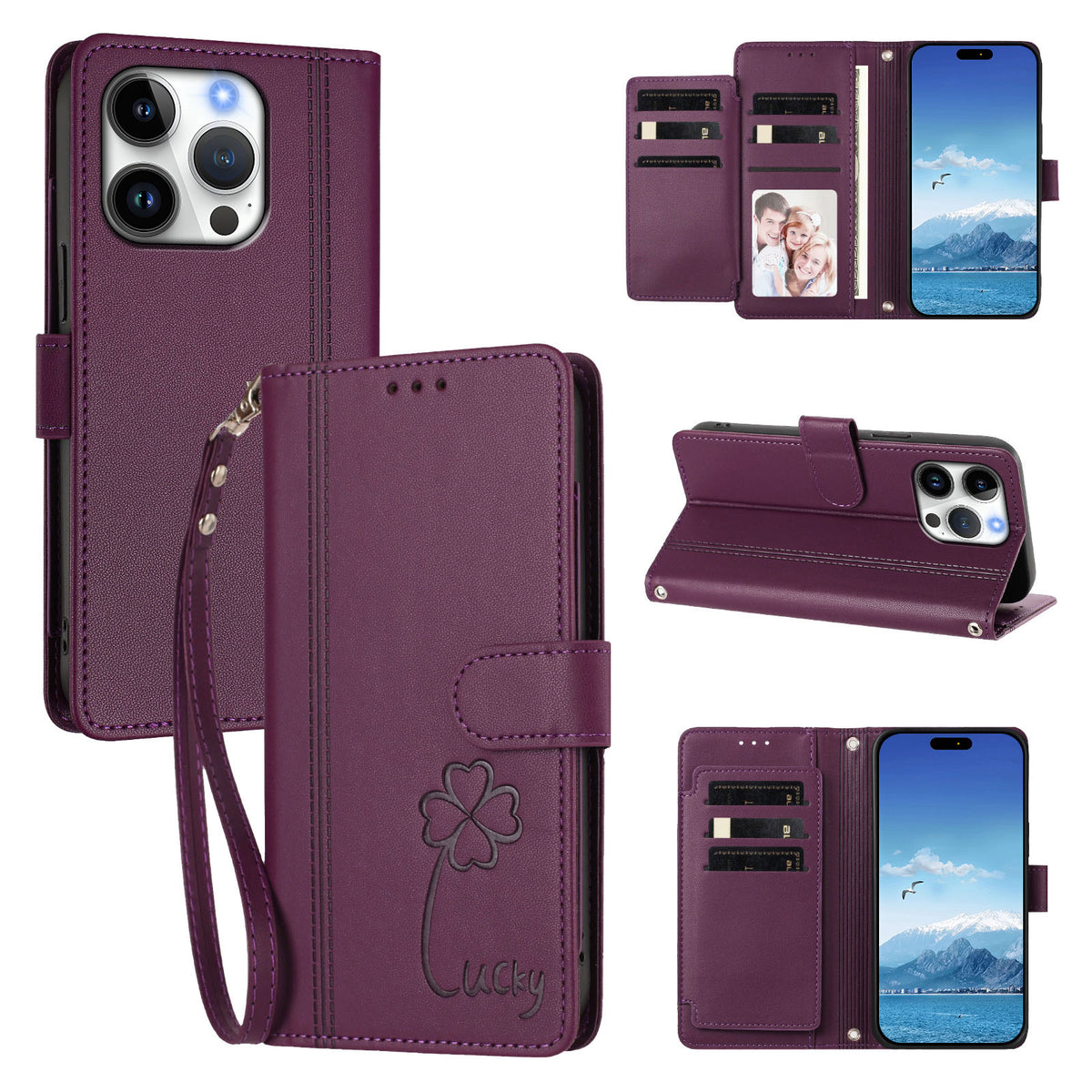 For iPhone 16 Pro Wallet Case 9 Card Slots Lucky Clover Imprint Leather Phone Cover with Wrist Strap