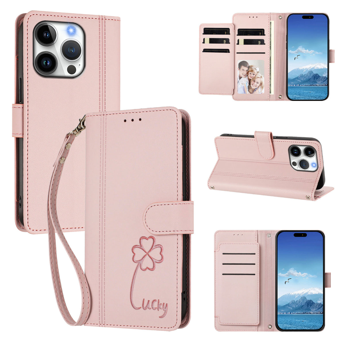 For iPhone 16 Pro Wallet Case 9 Card Slots Lucky Clover Imprint Leather Phone Cover with Wrist Strap