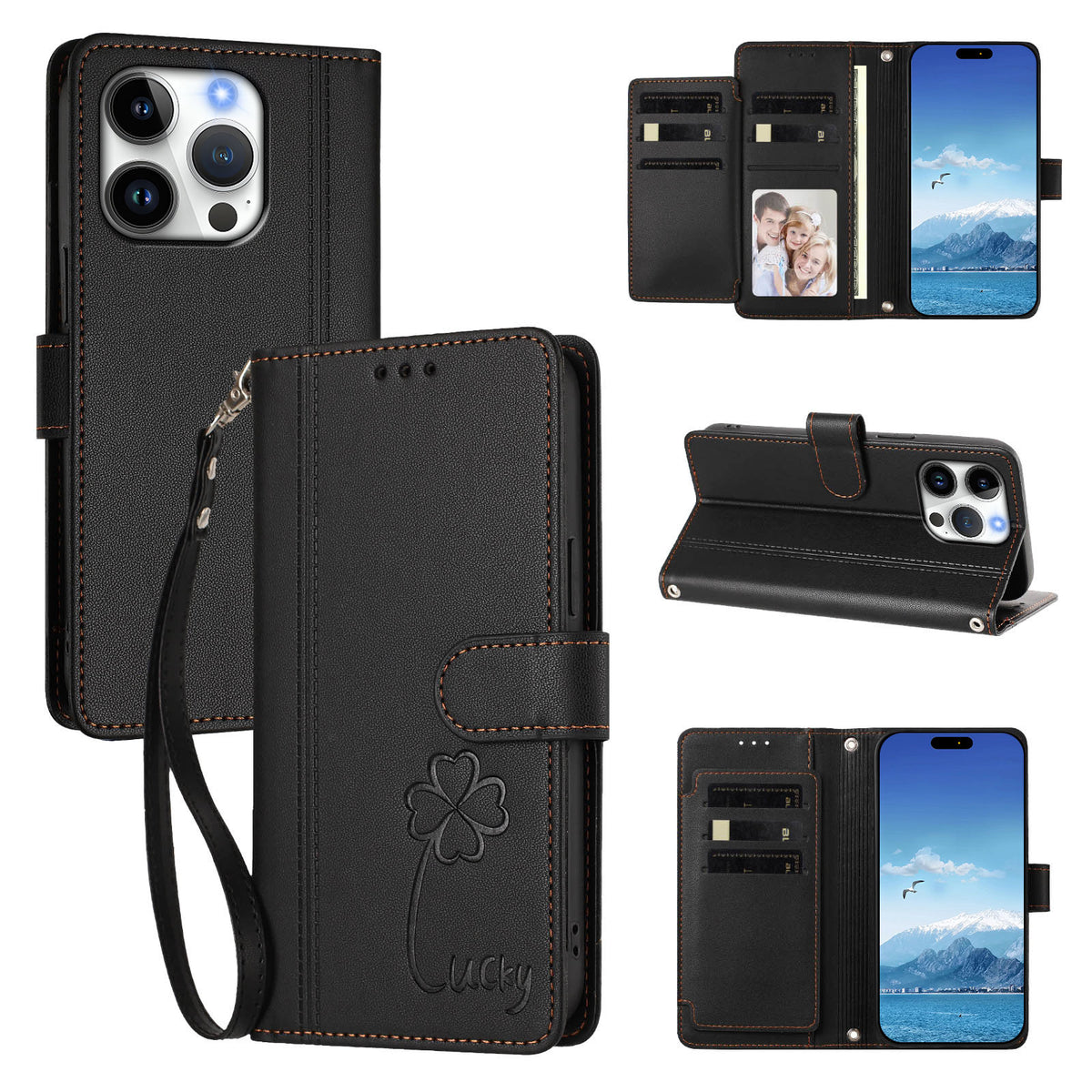 For iPhone 16 Pro Wallet Case 9 Card Slots Lucky Clover Imprint Leather Phone Cover with Wrist Strap