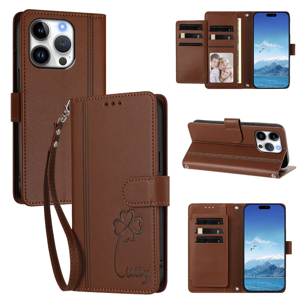 For iPhone 16 Pro Wallet Case 9 Card Slots Lucky Clover Imprint Leather Phone Cover with Wrist Strap