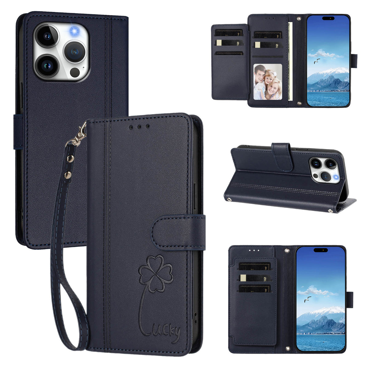 For iPhone 16 Pro Wallet Case 9 Card Slots Lucky Clover Imprint Leather Phone Cover with Wrist Strap