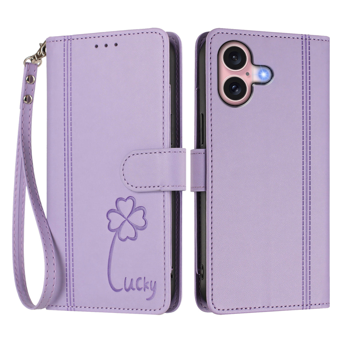 For iPhone 16 Wallet Case 9 Card Slots Lucky Clover Imprint Leather Phone Cover with Wrist Strap