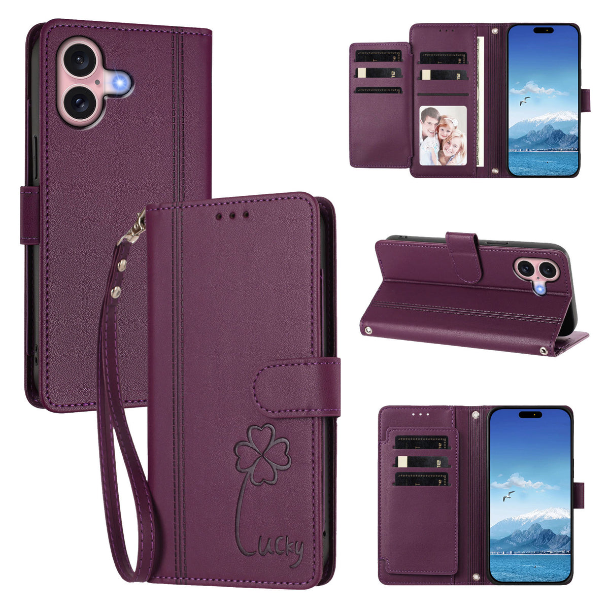 For iPhone 16 Wallet Case 9 Card Slots Lucky Clover Imprint Leather Phone Cover with Wrist Strap