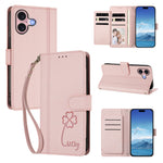 For iPhone 16 Wallet Case 9 Card Slots Lucky Clover Imprint Leather Phone Cover with Wrist Strap