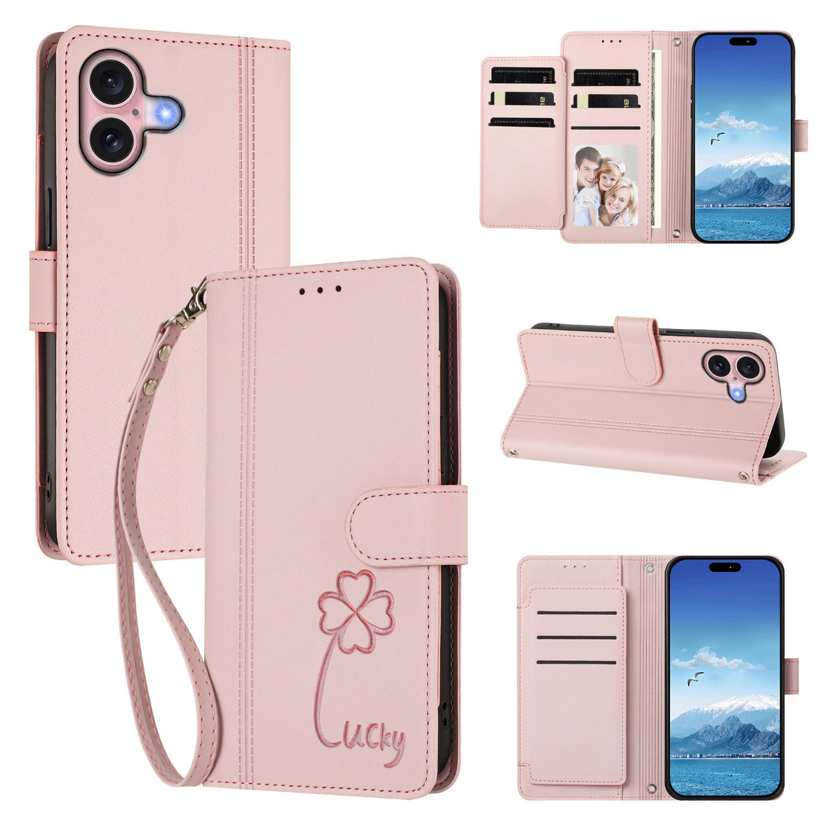 For iPhone 16 Wallet Case 9 Card Slots Lucky Clover Imprint Leather Phone Cover with Wrist Strap