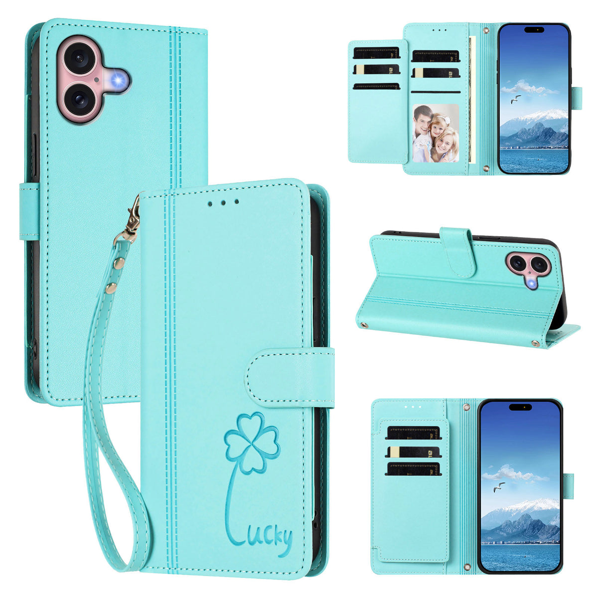 For iPhone 16 Wallet Case 9 Card Slots Lucky Clover Imprint Leather Phone Cover with Wrist Strap
