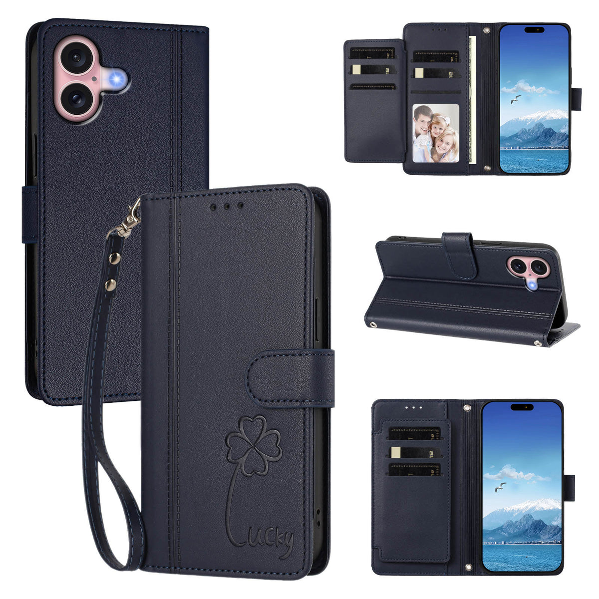 For iPhone 16 Wallet Case 9 Card Slots Lucky Clover Imprint Leather Phone Cover with Wrist Strap