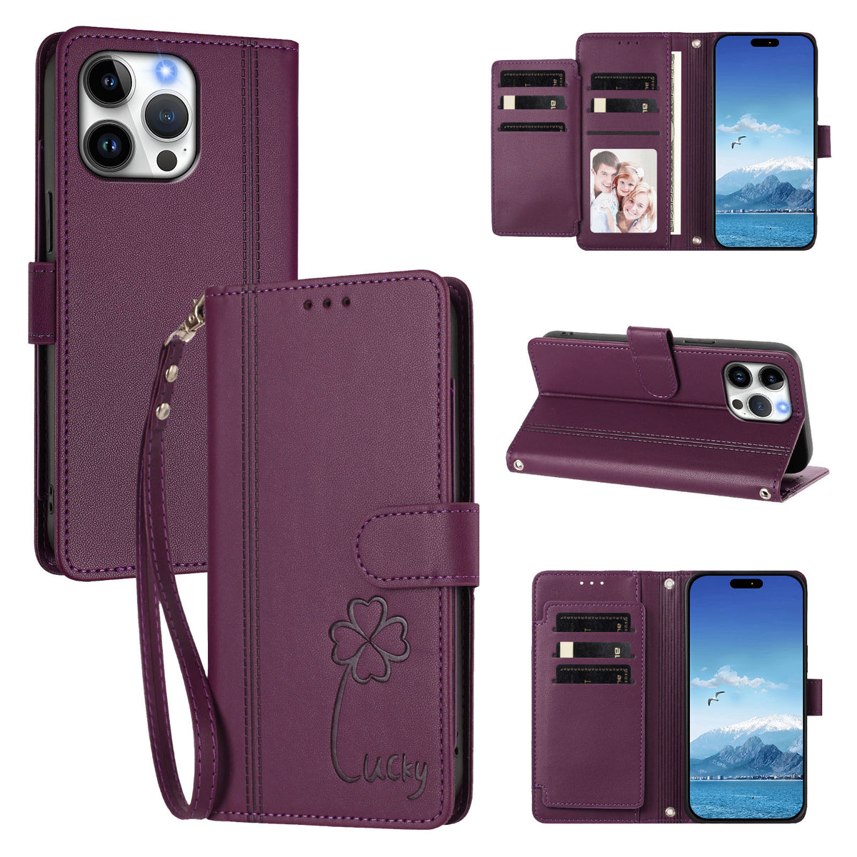 Til iPhone 16 Pro Max Pung Etui 9 Kortlommer Lucky Clover Præg Læder Telefoncover med Håndrem