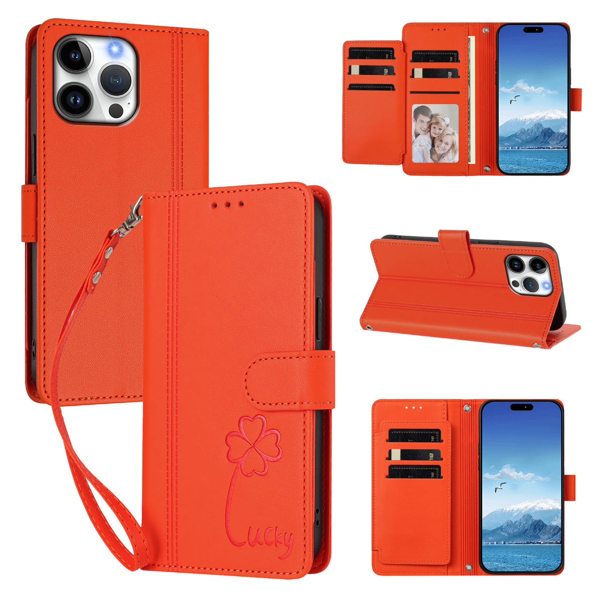 Til iPhone 16 Pro Max Pung Etui 9 Kortlommer Lucky Clover Præg Læder Telefoncover med Håndrem