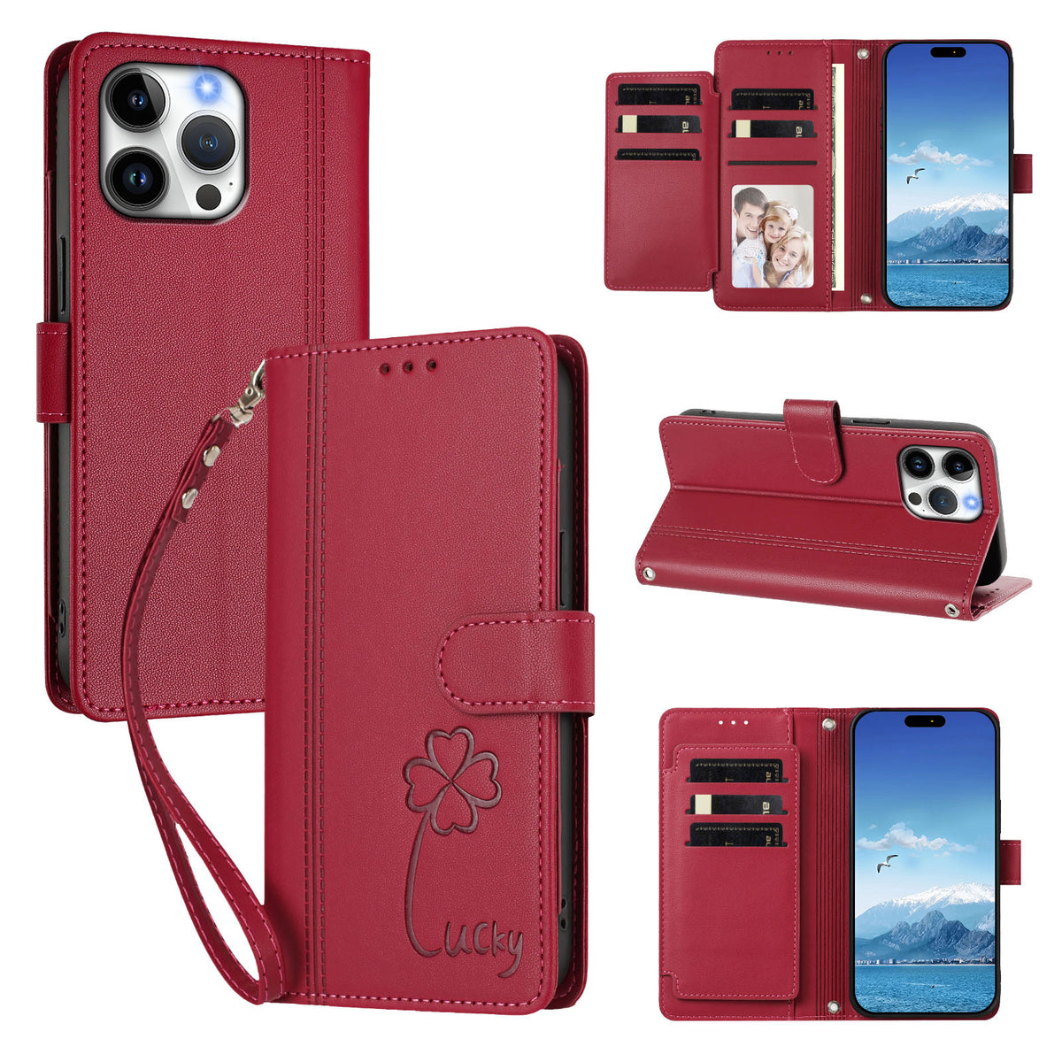 Til iPhone 16 Pro Max Pung Etui 9 Kortlommer Lucky Clover Præg Læder Telefoncover med Håndrem