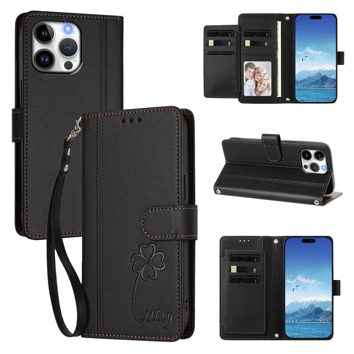 Til iPhone 16 Pro Max Pung Etui 9 Kortlommer Lucky Clover Præg Læder Telefoncover med Håndrem