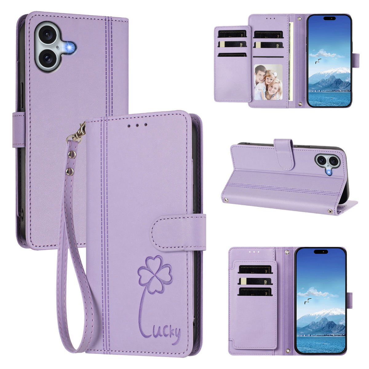 For iPhone 16 Plus Wallet Case 9 Card Slots Lucky Clover Imprint Leather Phone Cover with Wrist Strap