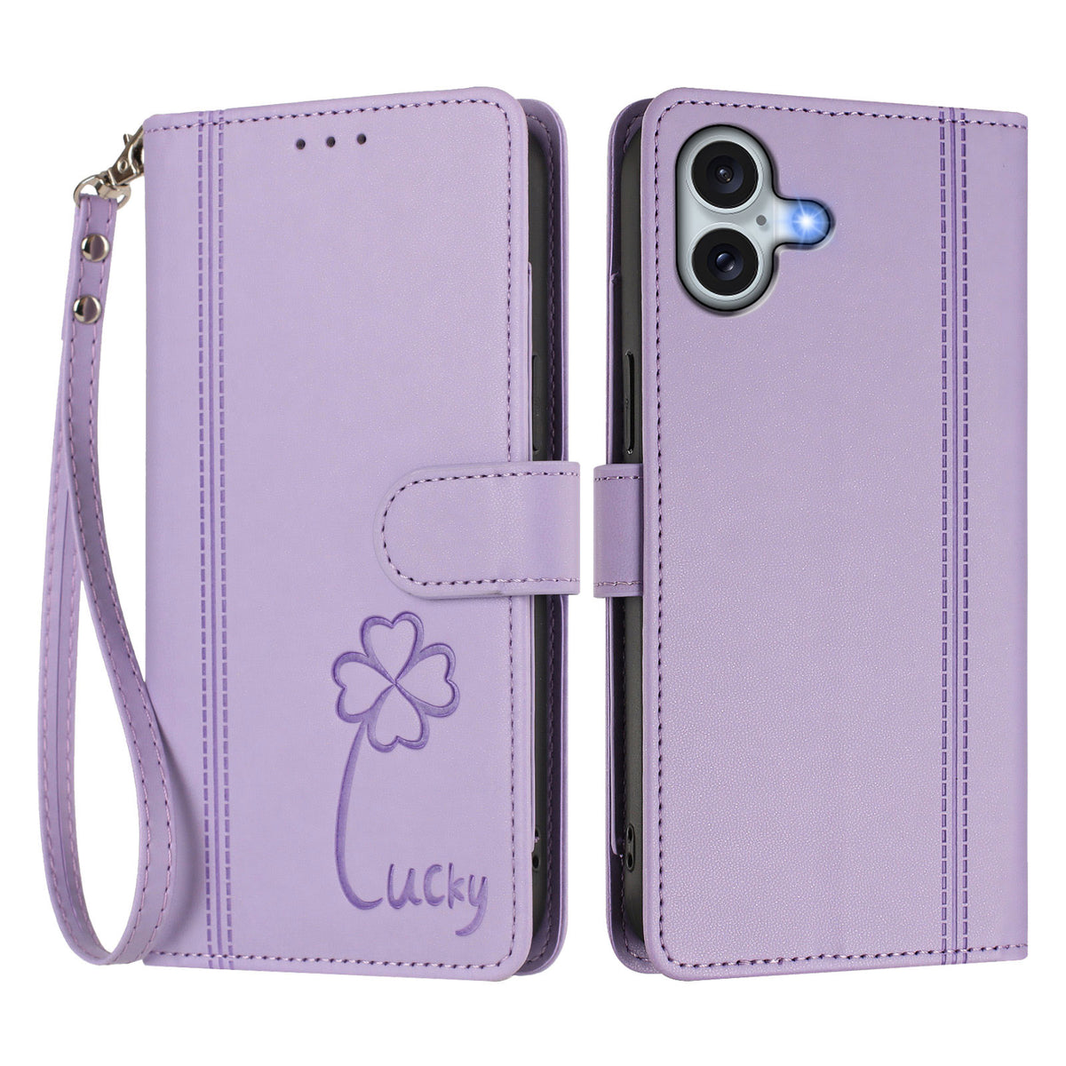 For iPhone 16 Plus Wallet Case 9 Card Slots Lucky Clover Imprint Leather Phone Cover with Wrist Strap