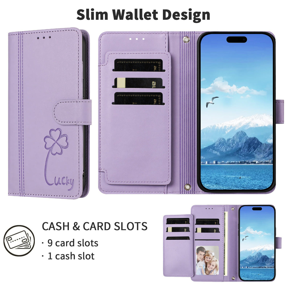 For iPhone 16 Plus Wallet Case 9 Card Slots Lucky Clover Imprint Leather Phone Cover with Wrist Strap