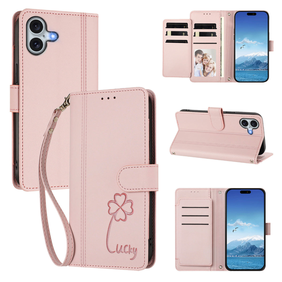 For iPhone 16 Plus Wallet Case 9 Card Slots Lucky Clover Imprint Leather Phone Cover with Wrist Strap
