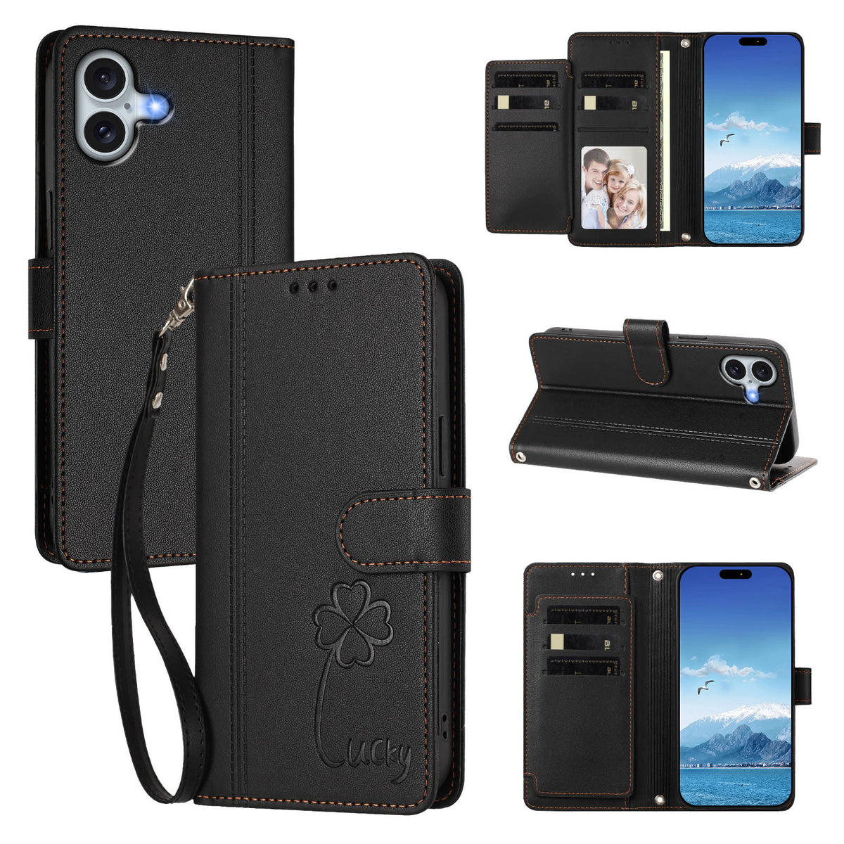 For iPhone 16 Plus Wallet Case 9 Card Slots Lucky Clover Imprint Leather Phone Cover with Wrist Strap