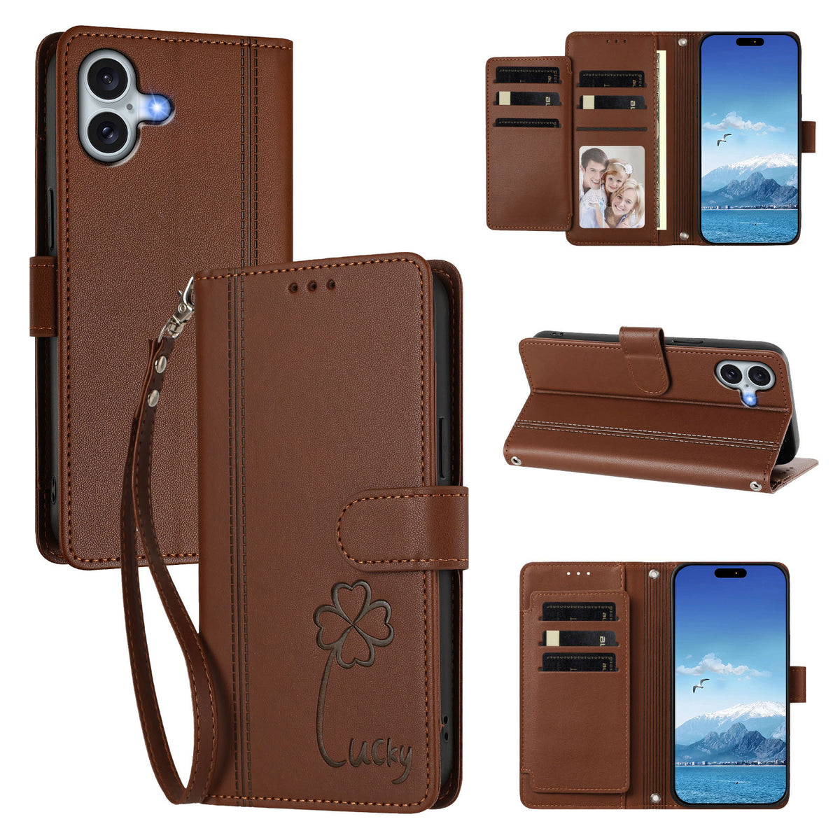 For iPhone 16 Plus Wallet Case 9 Card Slots Lucky Clover Imprint Leather Phone Cover with Wrist Strap