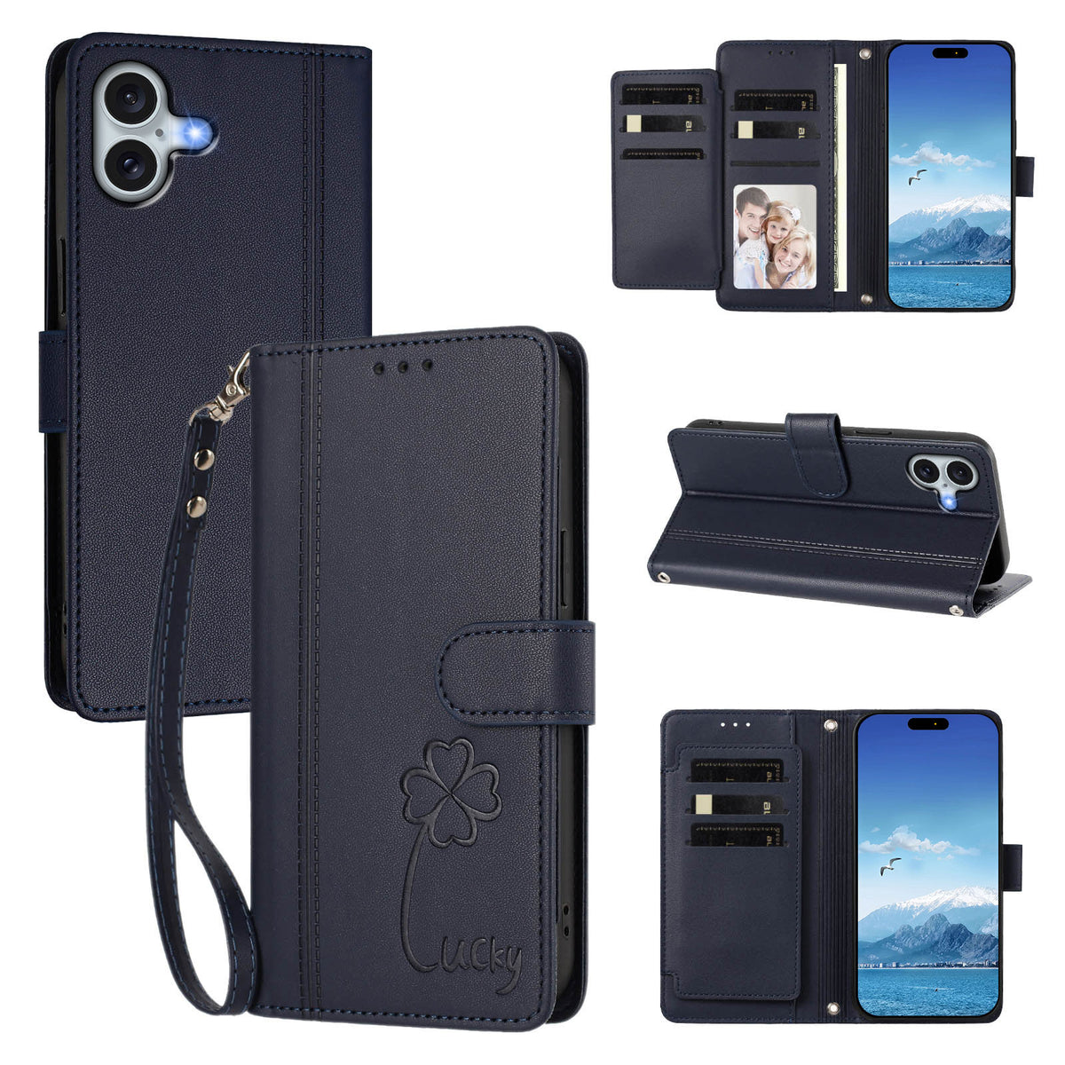 For iPhone 16 Plus Wallet Case 9 Card Slots Lucky Clover Imprint Leather Phone Cover with Wrist Strap