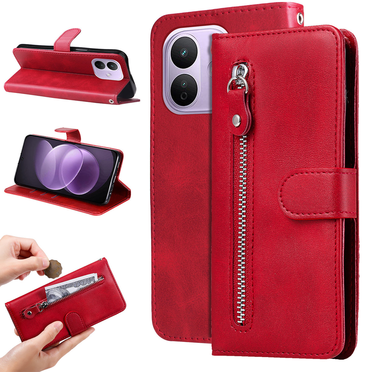 For Xiaomi Redmi Note 17 Pro 5G PU Leather Cases with Zipper Pocket Wallet Phone Cover Stand
