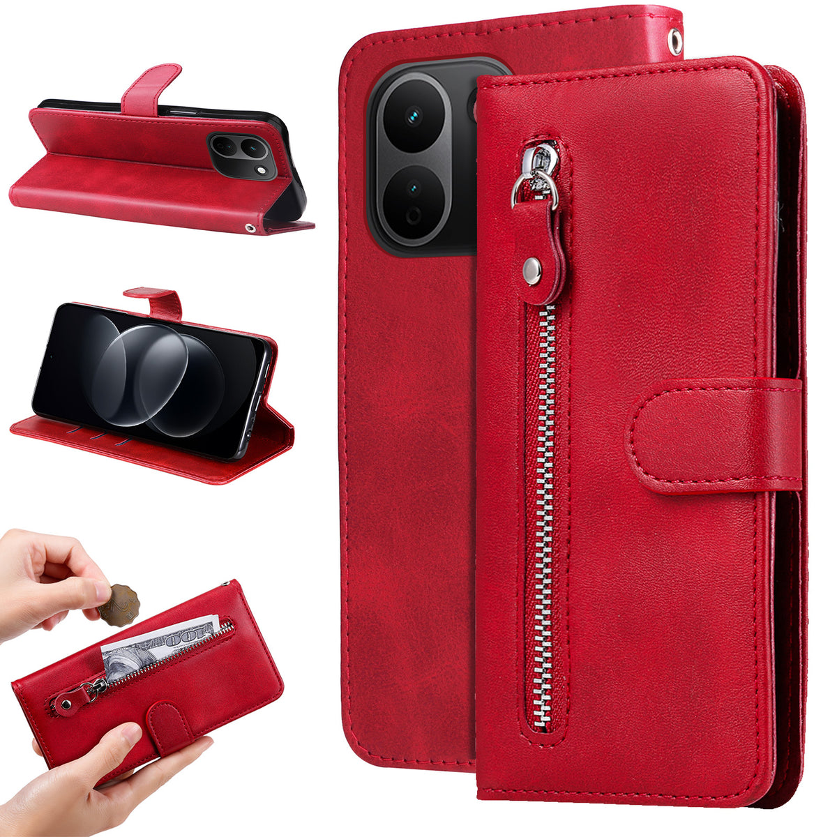 For Xiaomi Redmi Note 17 Pro+ 5G PU Leather Cases with Zipper Pocket Wallet Phone Cover Stand
