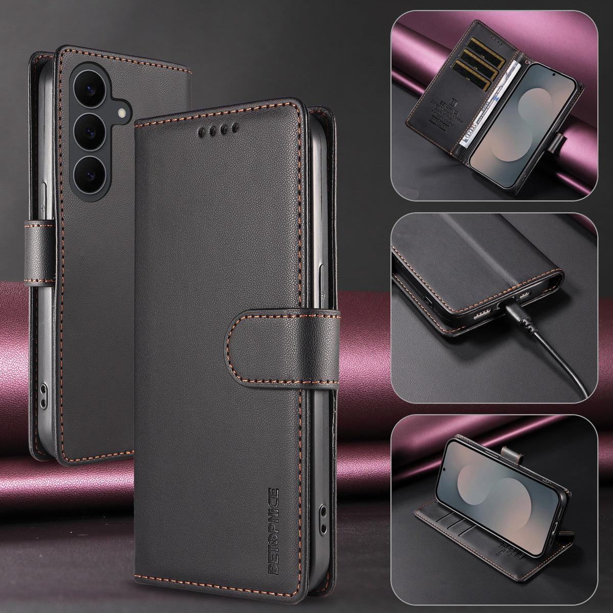 BETOPNICE for Samsung Galaxy S24 FE 006 Case RFID Blocking Wallet Stand Leather Phone Cover with Wrist Strap