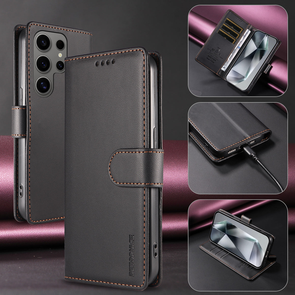 BETOPNICE for Samsung Galaxy S24 Ultra 006 Case RFID Blocking Wallet Stand Leather Phone Cover with Wrist Strap