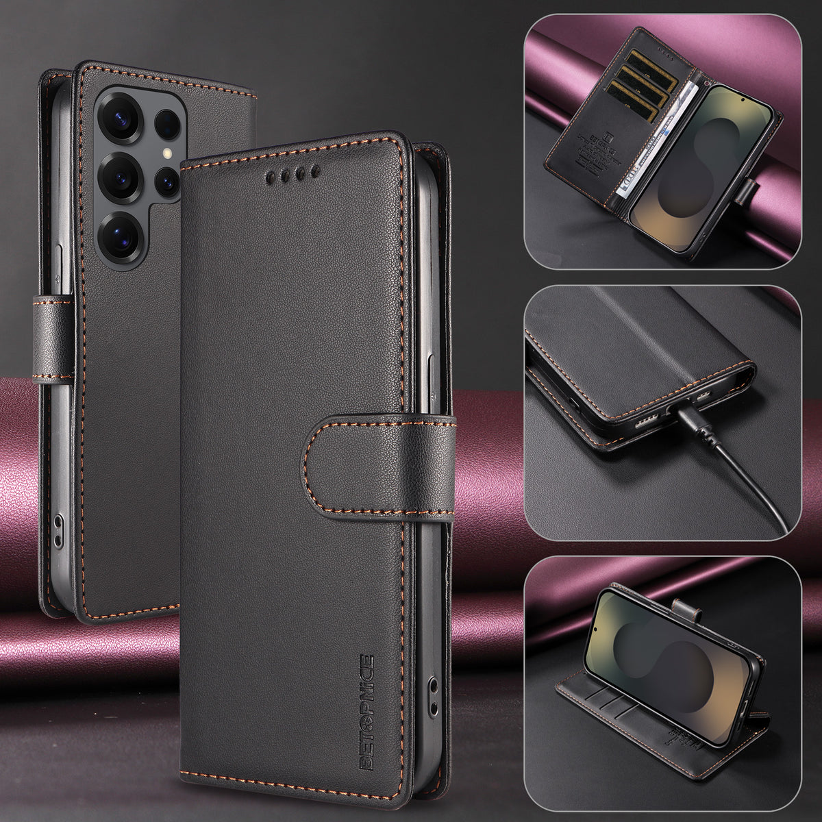 BETOPNICE for Samsung Galaxy S25 Ultra 006 Case RFID Blocking Wallet Stand Leather Phone Cover with Wrist Strap
