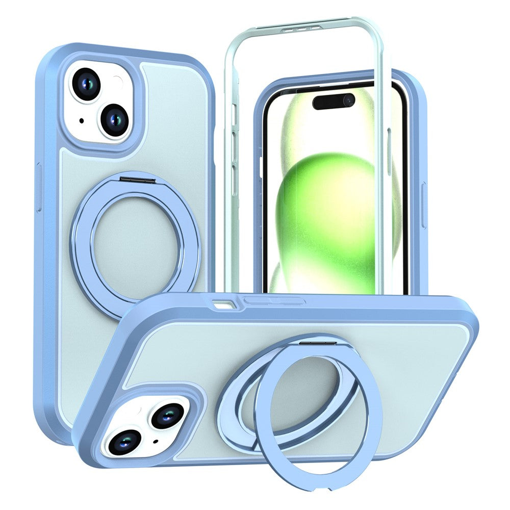 For iPhone 15 Magnetic Case Rotating Kickstand PC + TPU Anti-Drop Phone Cover