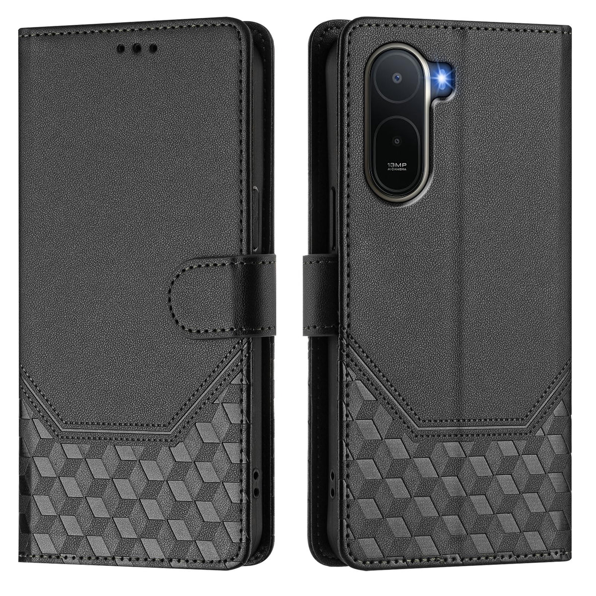 Læderetui med trykt bikubemønster, RFID-blokering og rem til Xiaomi Redmi A7 Pro 4G (171,56 mm) / Xiaomi Redmi A7 Pro 5G / Xiaomi Poco C85x 5G / Xiaomi Poco C81 4G