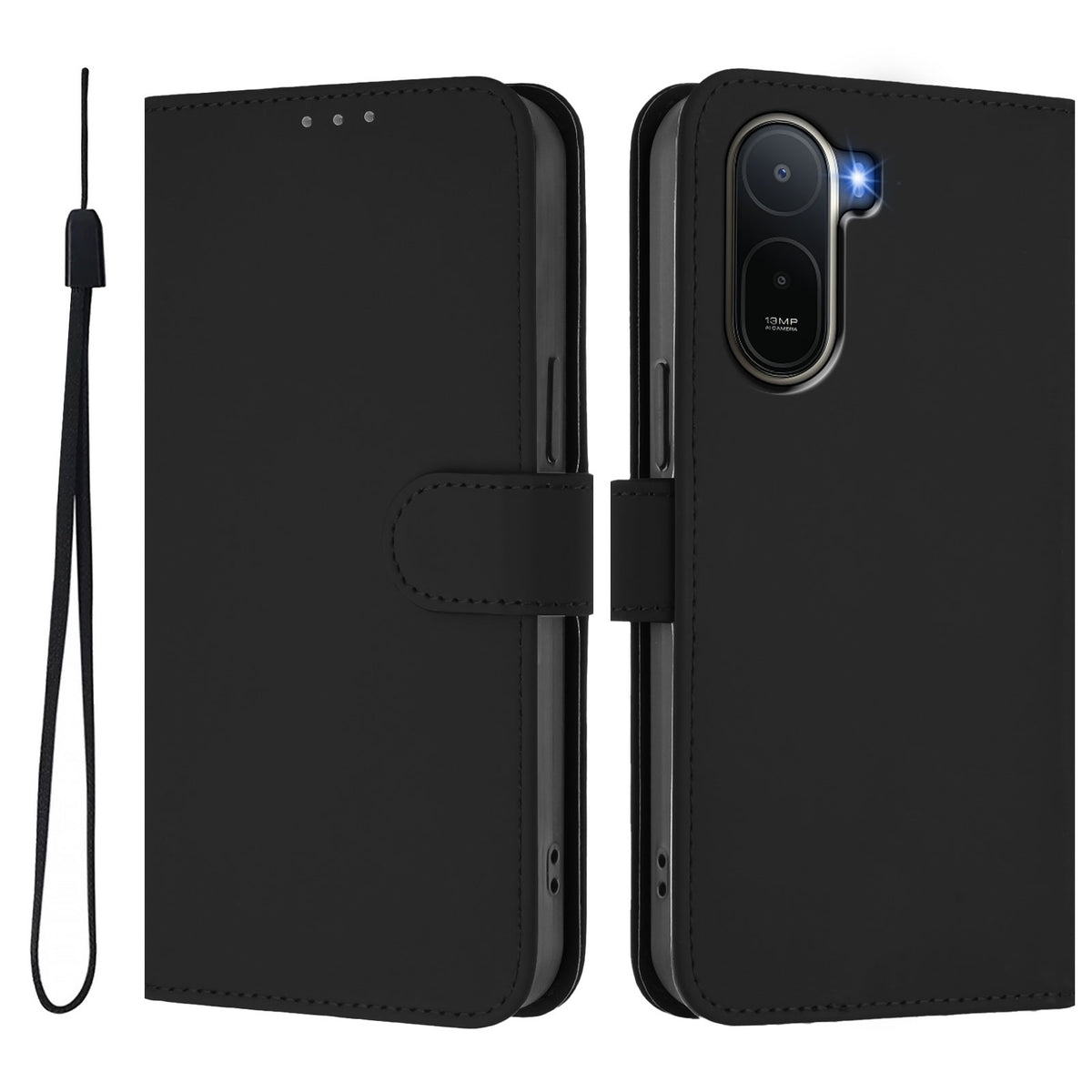 Xiaomi Redmi A7 Pro 4G (171.56mm) / Xiaomi Redmi A7 Pro 5G / Xiaomi Poco C85x 5G / Xiaomi Poco C81 4G-etui, ensfarvet pung-etui i læder med rem