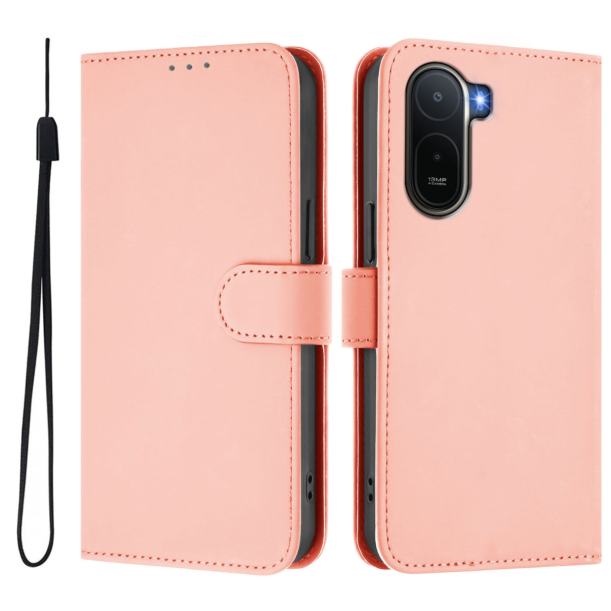 Xiaomi Redmi A7 Pro 4G (171.56mm) / Xiaomi Redmi A7 Pro 5G / Xiaomi Poco C85x 5G / Xiaomi Poco C81 4G-etui, ensfarvet pung-etui i læder med rem