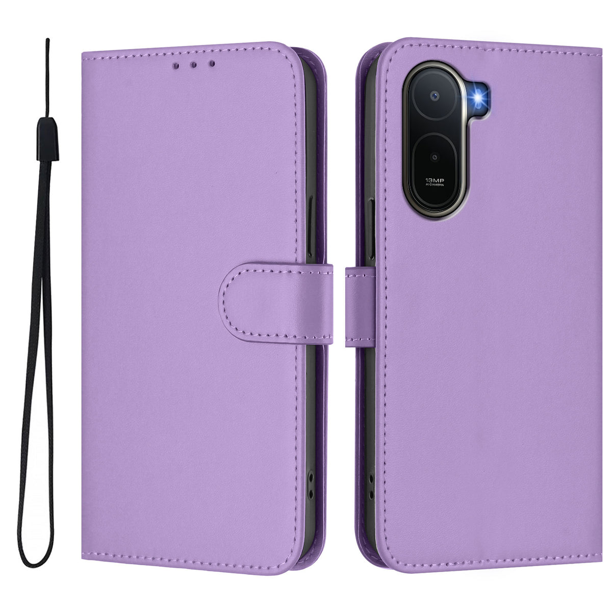 Xiaomi Redmi A7 Pro 4G (171.56mm) / Xiaomi Redmi A7 Pro 5G / Xiaomi Poco C85x 5G / Xiaomi Poco C81 4G-etui, ensfarvet pung-etui i læder med rem