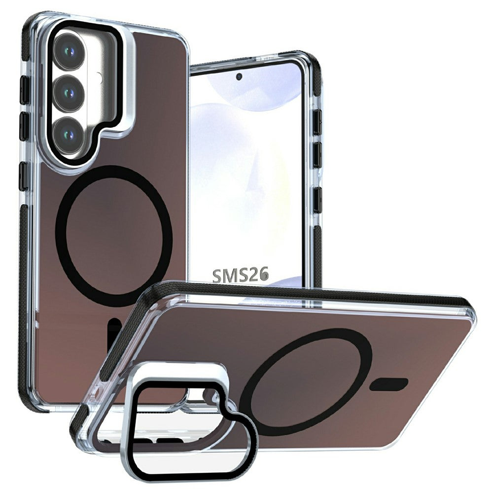 Magnetiskt skal för Samsung Galaxy S26+, kameraram, stativ, TPU akryl, stötsäkert mobilskal