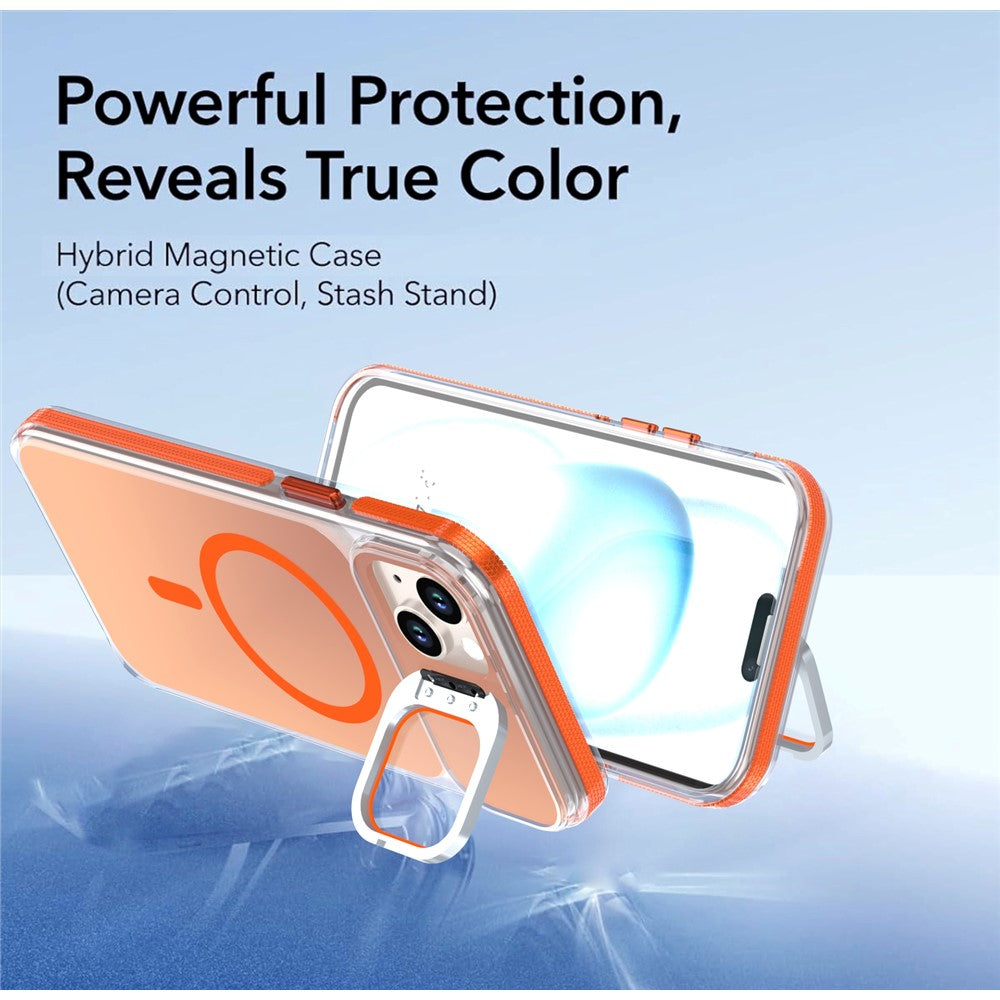 For iPhone 15 Magnetic Case Camera Frame Kickstand TPU Acrylic Shockproof Phone Cover