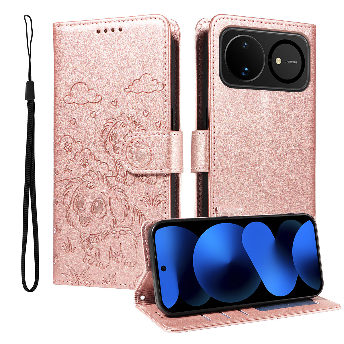 Huawei Nova 16 5G-skal, RFID-blockerande, präglat hundmönster, PU-läder, mobilskal med handledsrem