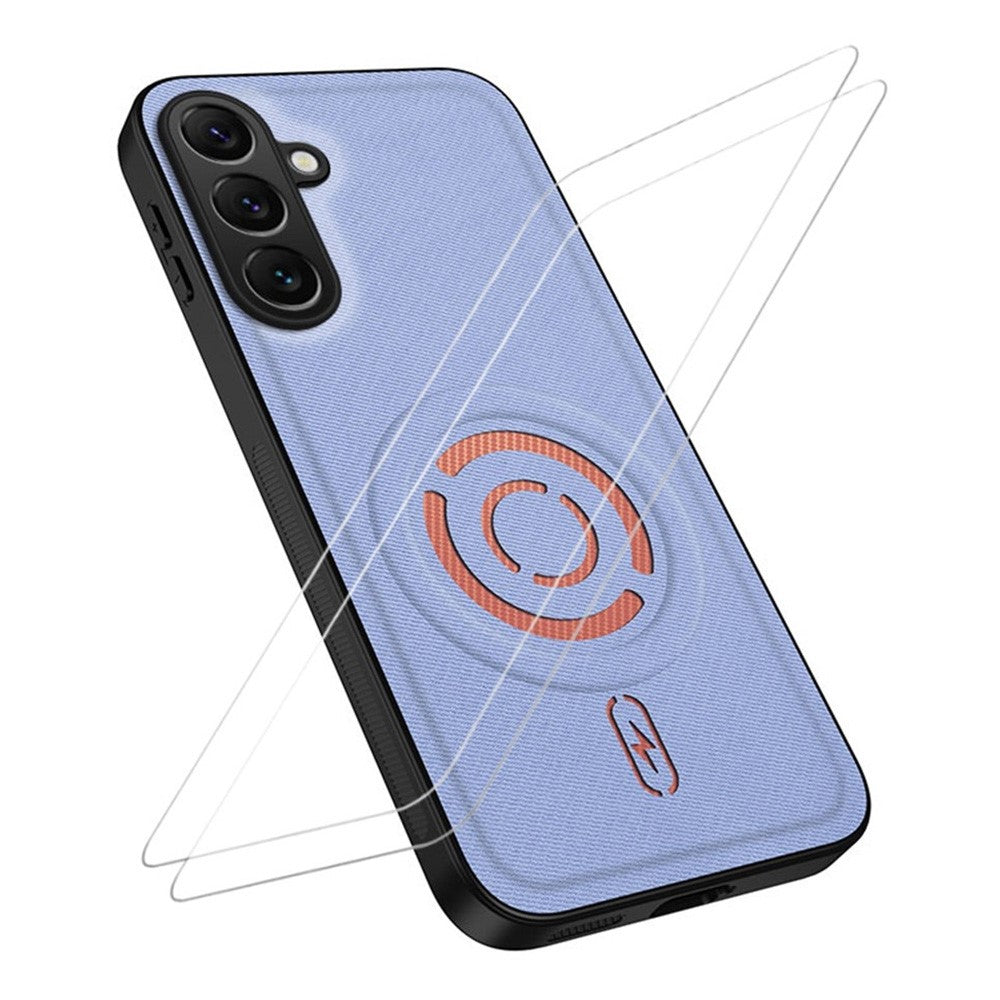 WANLONFENG KJB1 Series for Samsung Galaxy A57 5G Magnetic Case with 2Pcs Tempered Glass Screen Protector Tech Fabric Texture PC+TPU Phone Cover