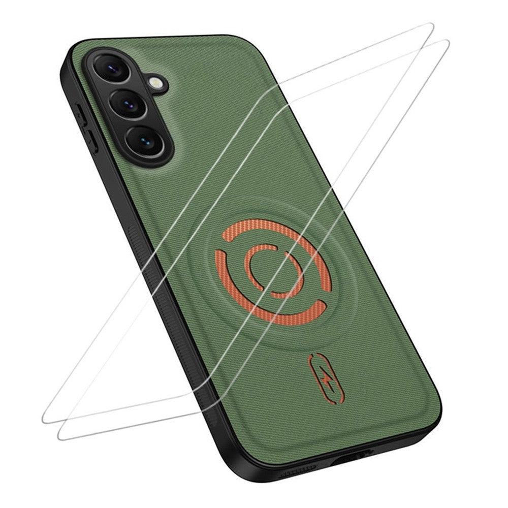 WANLONFENG KJB1 Series for Samsung Galaxy A57 5G Magnetic Case with 2Pcs Tempered Glass Screen Protector Tech Fabric Texture PC+TPU Phone Cover