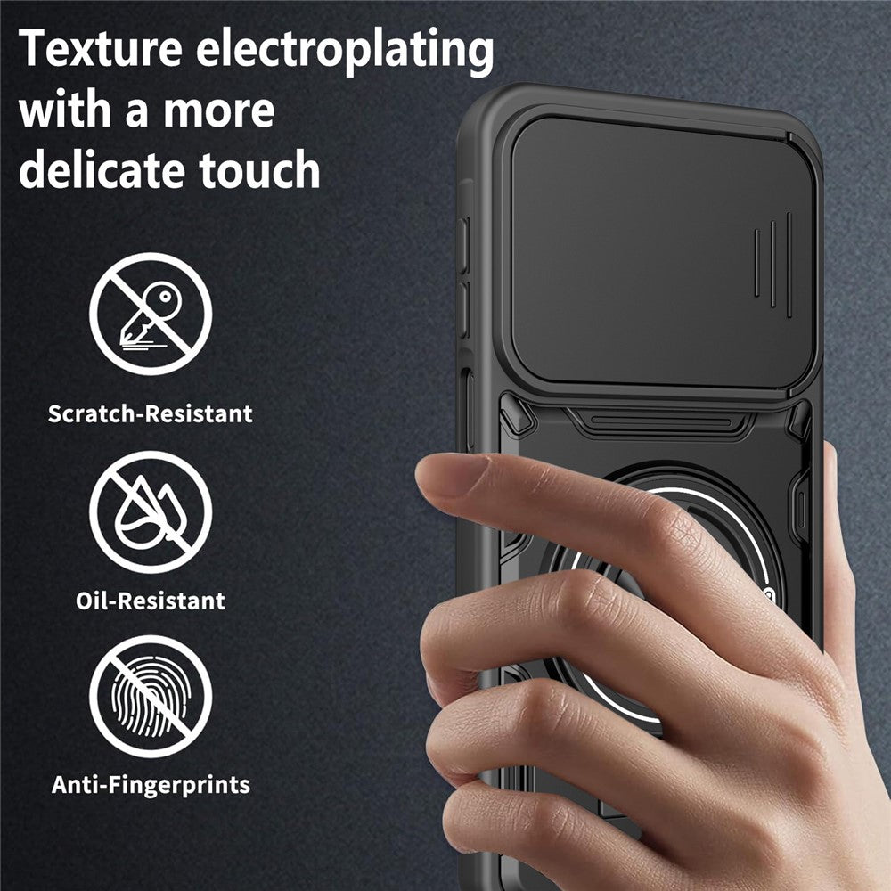 For Samsung Galaxy S26+ Magnetic Case Sliding Camera Cover TPU+PC Phone Cover with Rotating Kickstand
