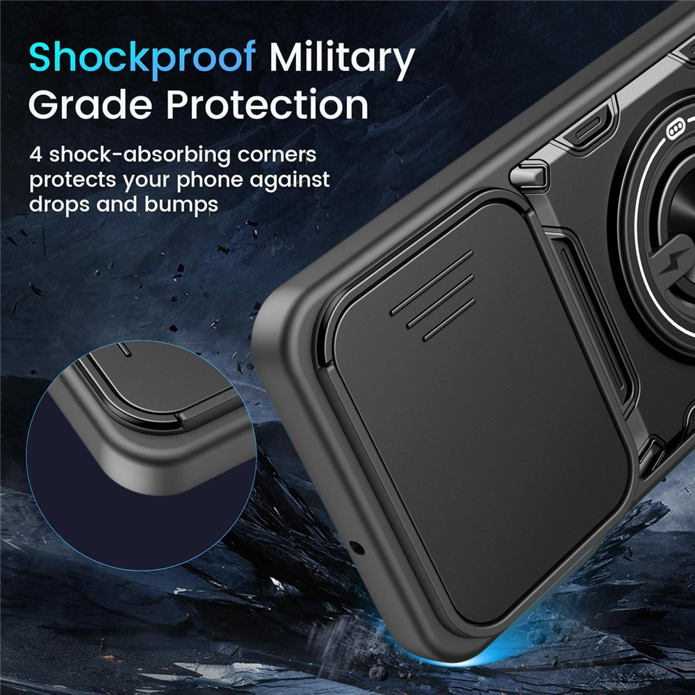 For Samsung Galaxy A56 5G Magnetic Case Sliding Camera Cover TPU+PC Phone Cover with Rotating Kickstand