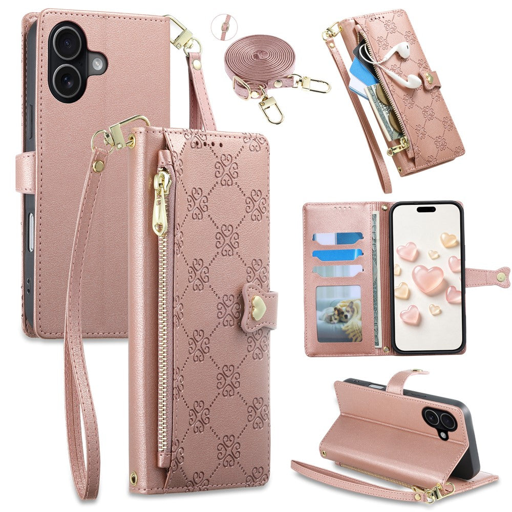 Til iPhone 17 Lædercover Hjertepræg Lynlåslomme Pung Telefoncover med Korte og Lange Remme