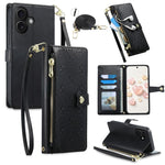 For iPhone 16 Leather Case Hearts Imprint Zipper Pocket Wallet Phone Cover with Short and Long Straps