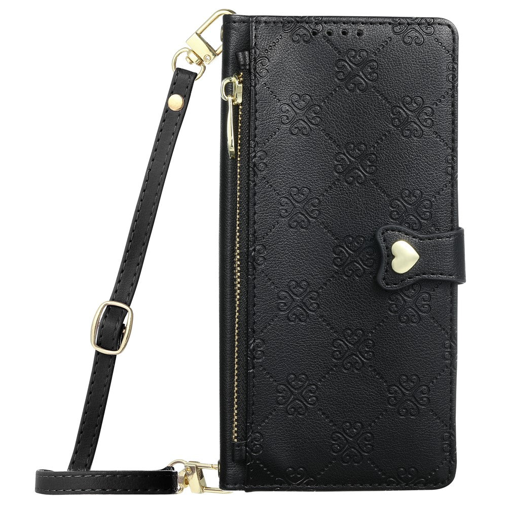 For iPhone 16 Leather Case Hearts Imprint Zipper Pocket Wallet Phone Cover with Short and Long Straps