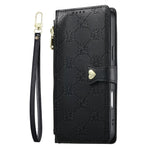 For iPhone 16 Leather Case Hearts Imprint Zipper Pocket Wallet Phone Cover with Short and Long Straps