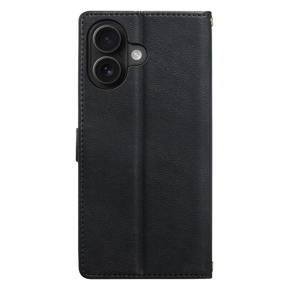 For iPhone 16 Leather Case Hearts Imprint Zipper Pocket Wallet Phone Cover with Short and Long Straps