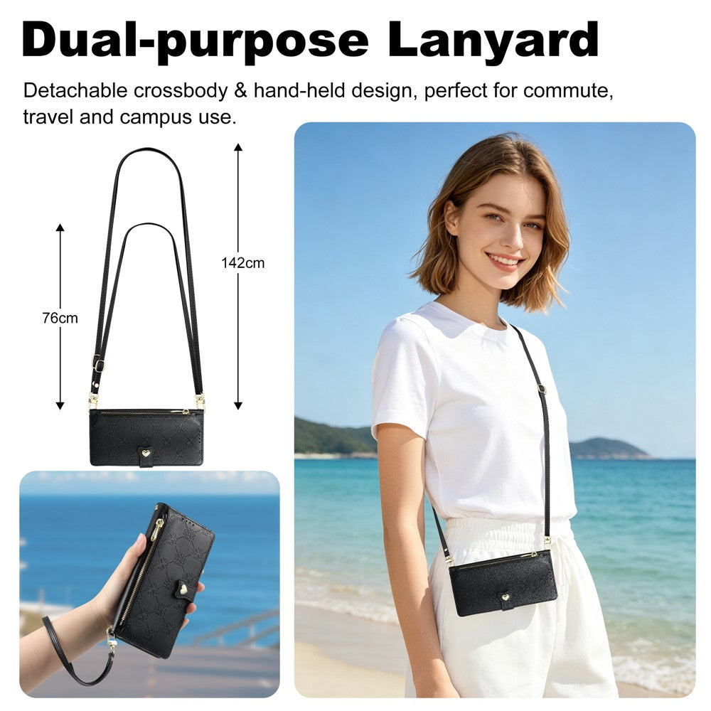 For iPhone 16 Leather Case Hearts Imprint Zipper Pocket Wallet Phone Cover with Short and Long Straps