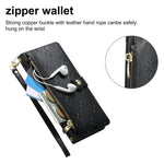 For iPhone 16 Leather Case Hearts Imprint Zipper Pocket Wallet Phone Cover with Short and Long Straps