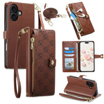For iPhone 16 Leather Case Hearts Imprint Zipper Pocket Wallet Phone Cover with Short and Long Straps